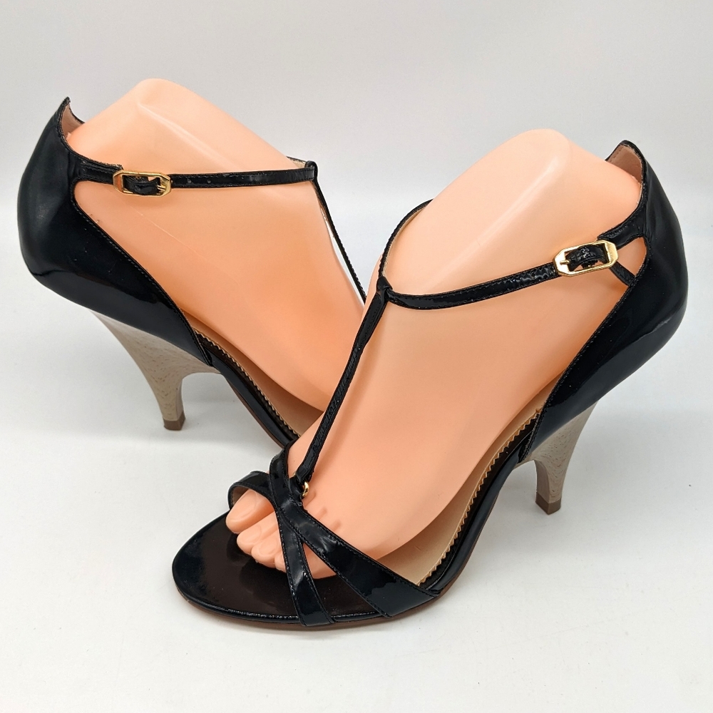 Nicole Miller Gloria Black Patent Leather High Heel Sandals Women's Size 8.5